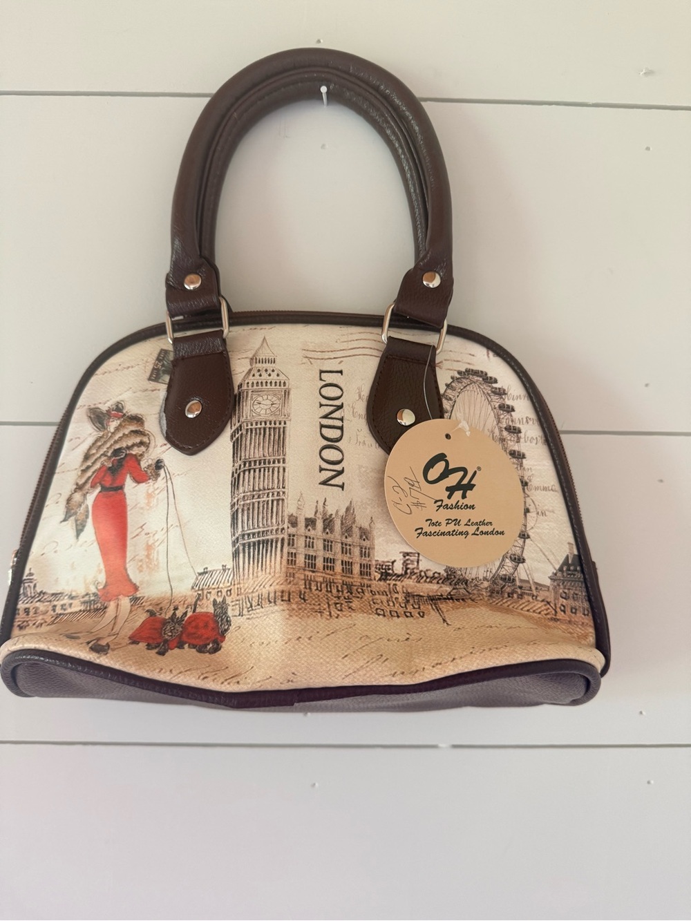 London Print Cream & Brown Satchel